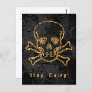 Ahoy Matey Vintage Pirate Gold Skull And Bones Postcard