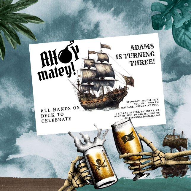 Ahoy Matey! White Pirate Ship Birthday Invitation (Creator Uploaded)
