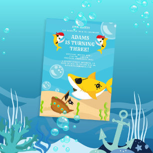 Ahoy Matey! Yellow Shark Pirate Under Sea Birthday Invitation