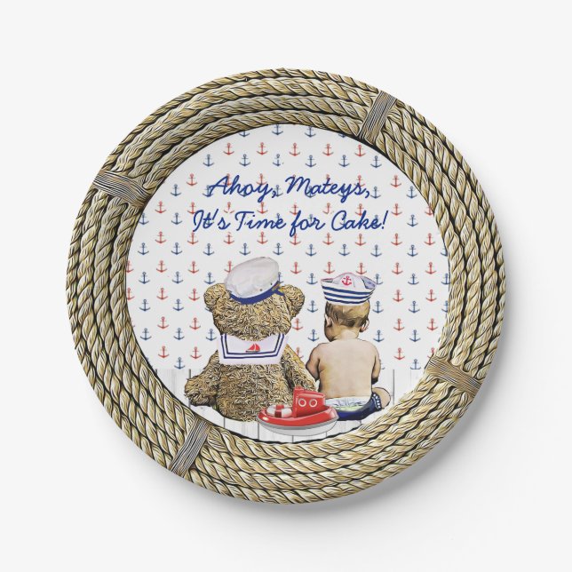 Ahoy, Matyes, Boy's Baby Shower Nautical Paper Plate (Front)