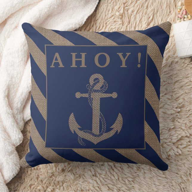 Ahoy! Nautical Anchor Navy Blue & Burlap Stripes Cushion (Blanket)