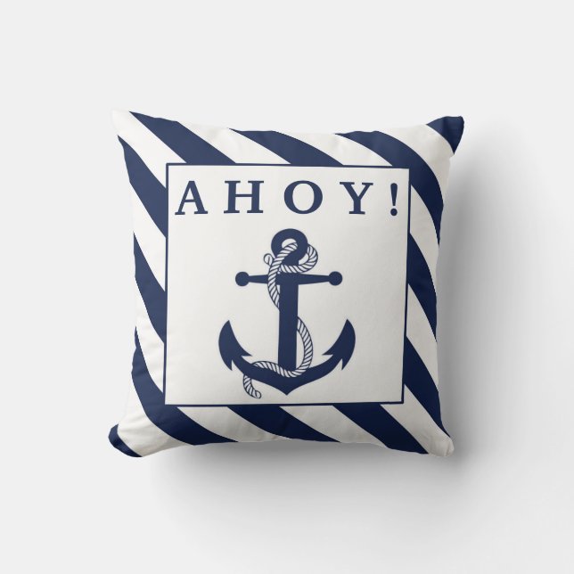 Ahoy! Nautical Anchor Navy Blue & White Stripes Cushion (Front)