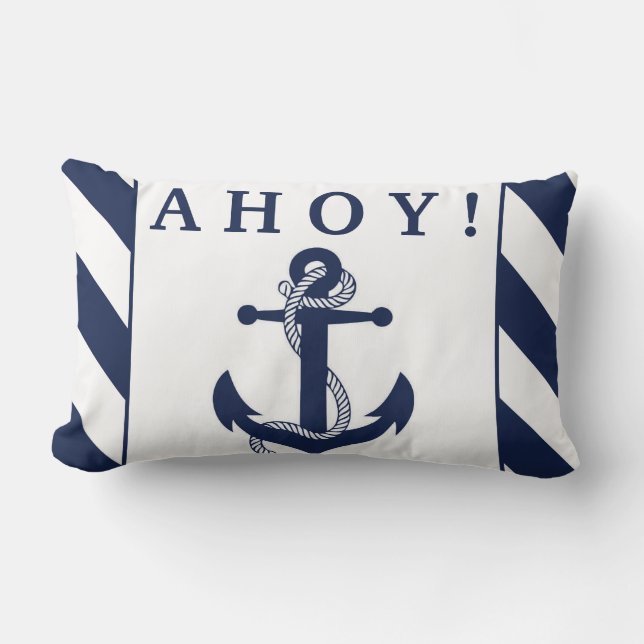 Ahoy! Nautical Anchor Navy Blue & White Stripes Lumbar Cushion (Front)