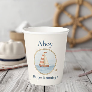 Ahoy Nautical Birthday Blue Sailboat Kids Party Paper Cups