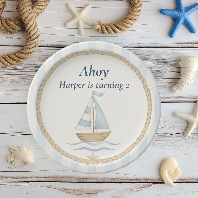 Ahoy Nautical Birthday | Blue Sailboat  Paper Plate (Creator Uploaded)