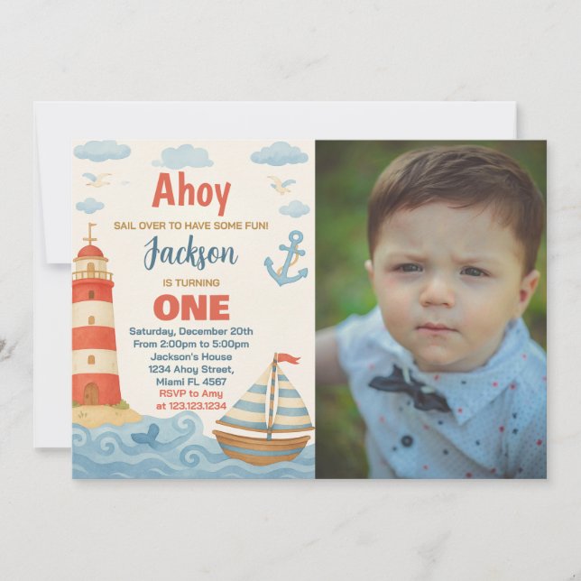 Ahoy! Nautical Birthday Party Invitation (Front)
