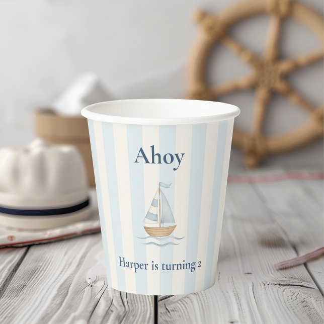 Ahoy Nautical Birthday | Pastel Blue Sailboat Paper Cups (Creator Uploaded)