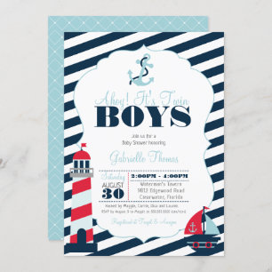 Ahoy Nautical Navy Blue Twin Boy Baby Shower Invitation
