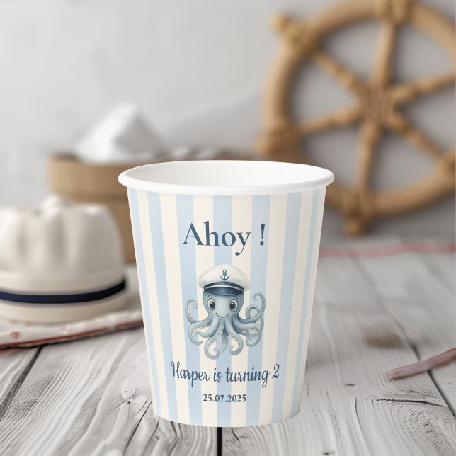 Ahoy Nautical Octopus Birthday  | Blue Stripes Paper Cups (Creator Uploaded)