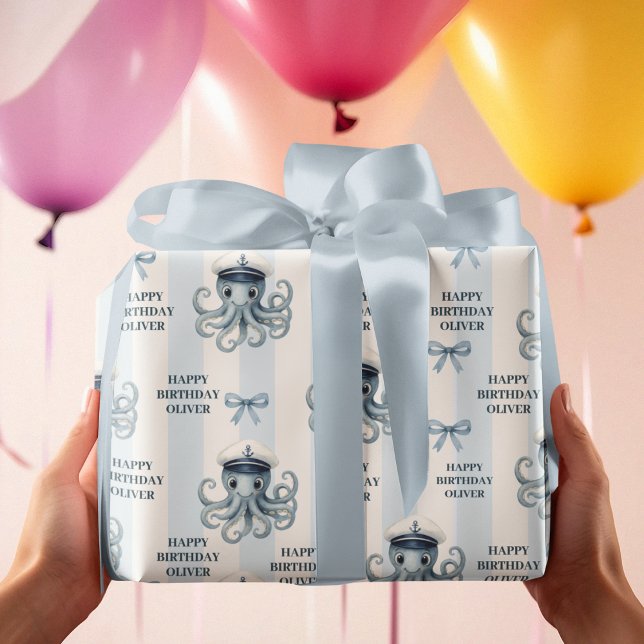 Ahoy Nautical Octopus Personalised Birthday Wrapping Paper (Creator Uploaded)