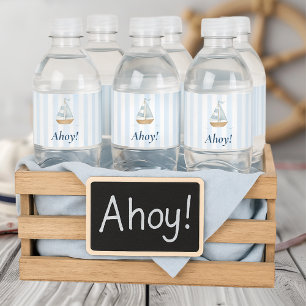 Ahoy Nautical   Pastel Blue Sailboat  Birthday Water Bottle Label