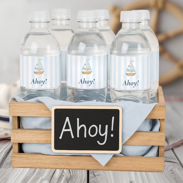 Ahoy Nautical | Pastel Blue Sailboat  Birthday Water Bottle Label (Creator Uploaded)