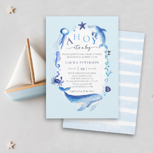 Ahoy Ocean Animals Nautical Blue Boy Baby Shower Invitation