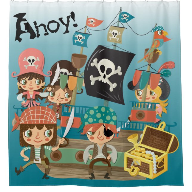 Ahoy Pirates and Pirate Ship Shower Curtain (Front)