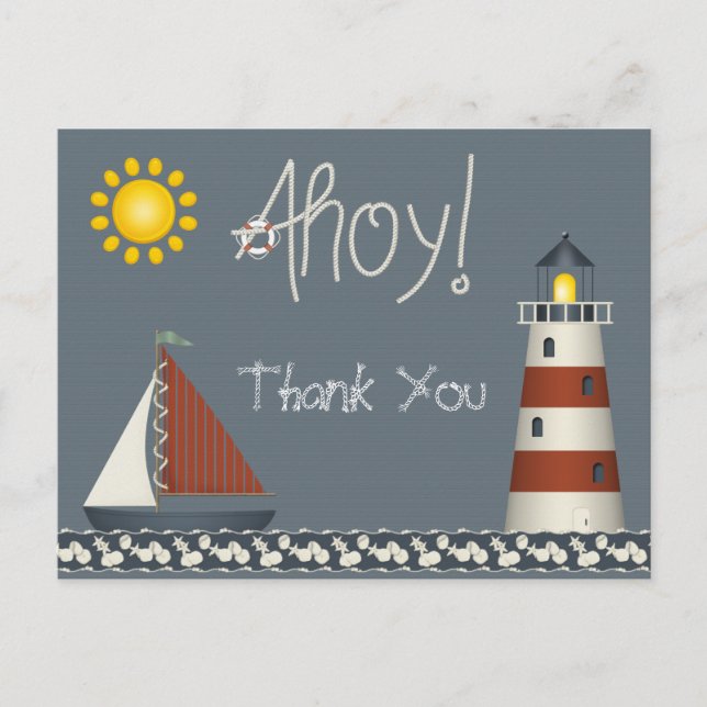 Ahoy Sail Boat & Lighthouse Thank You Postcard (Front)