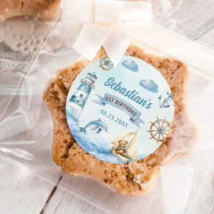 Ahoy Sailor Nautical Boat Blue 1st Birthday  Classic Round Sticker