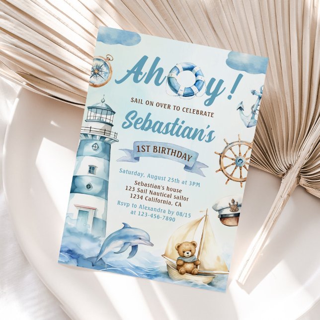 Ahoy Sailor Nautical Boat Blue 1st Birthday Invitation (Creator Uploaded)