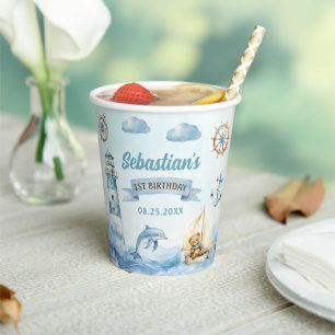 Ahoy Sailor Nautical Boat Blue 1st Birthday Paper Cups
