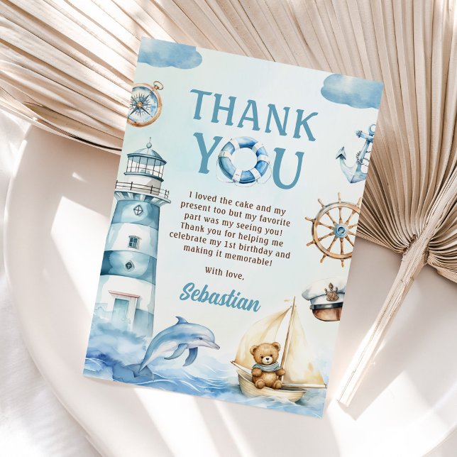 Ahoy Sailor Nautical Boat Blue 1st Birthday  Thank You Card (Creator Uploaded)