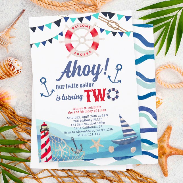 Ahoy sailor nautical boat blue red 2nd birthday invitation (Creator Uploaded)
