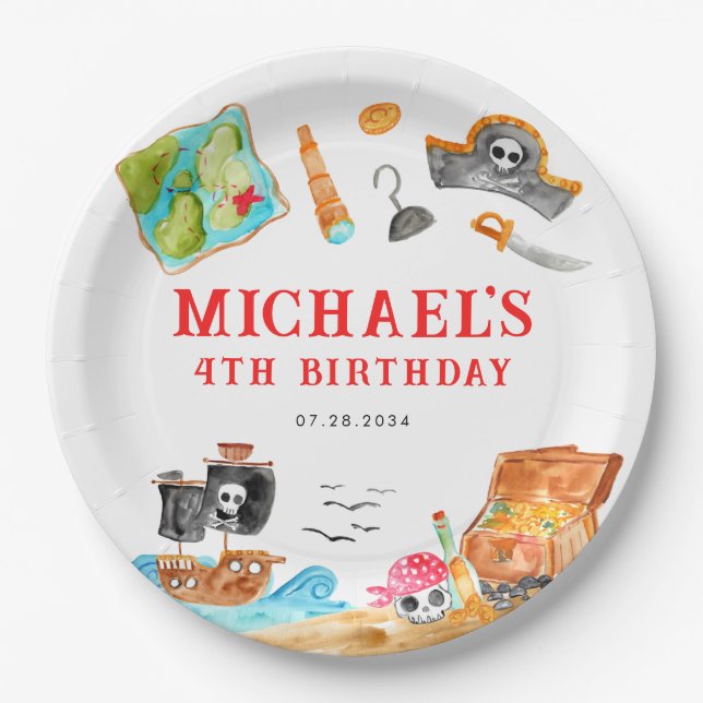 Ahoy Shipmates Treasure Hunt Ship Pirate Birthday Paper Plate (Front)