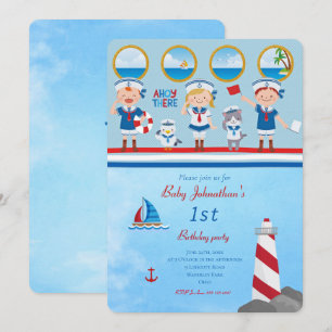Ahoy There Red Blue White Sailors Lighthouse Boat Invitation
