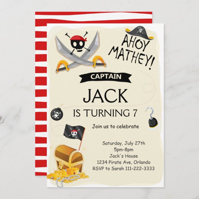 Ahoy Treasure Map Pirate Birthday Invitation (Front/Back)