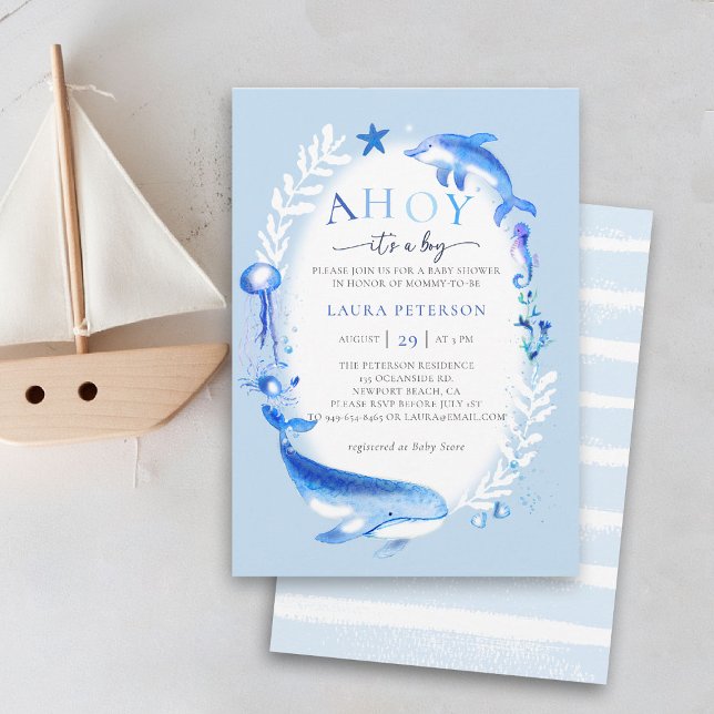 Ahoy Under Sea Animals Nautical Boy Baby Shower Invitation (ocean baby boy shower invitation ahoy under the sea whale dolphin watercolor beach nautical summer)