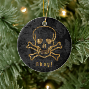Ahoy! Vintage Pirate Gold Skull Bones Ceramic Tree Decoration