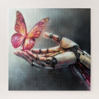 AI and Nature Harmony Robot Hand with Butterfly Jigsaw Puzzle
