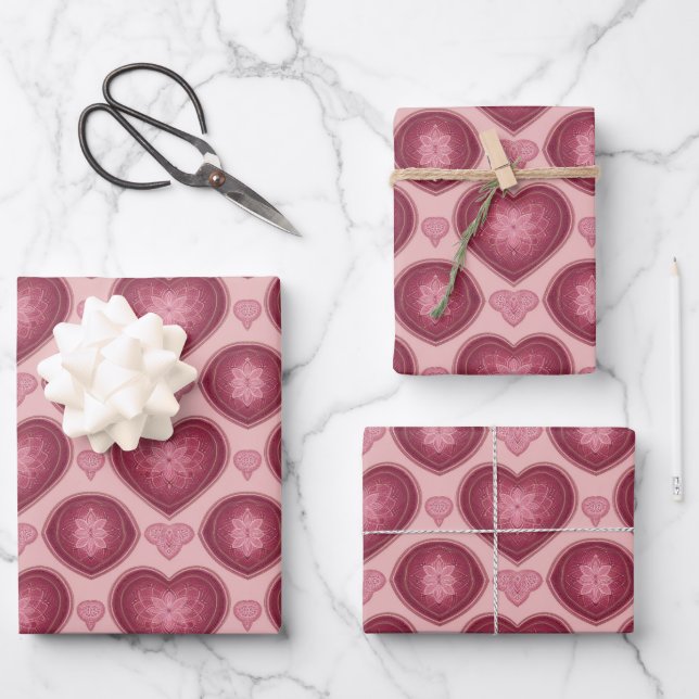 AI Art Burgundy Hearts Pink Wrapping Paper (Front)
