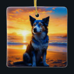 Ai Art  Dog sitting on the Beach Christmas Ceramic Ornament<br><div class="desc">Pretty whimsical ai art depicting a dog sitting on a beach at sunset. Serene peaceful scene. Personalised Christmas ornament for a dog lover.</div>