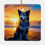 Ai Art  Dog sitting on the Beach Christmas Ceramic Ornament<br><div class="desc">Pretty whimsical ai art depicting a dog sitting on a beach at sunset. Serene peaceful scene. Personalised Christmas ornament for a dog lover.</div>