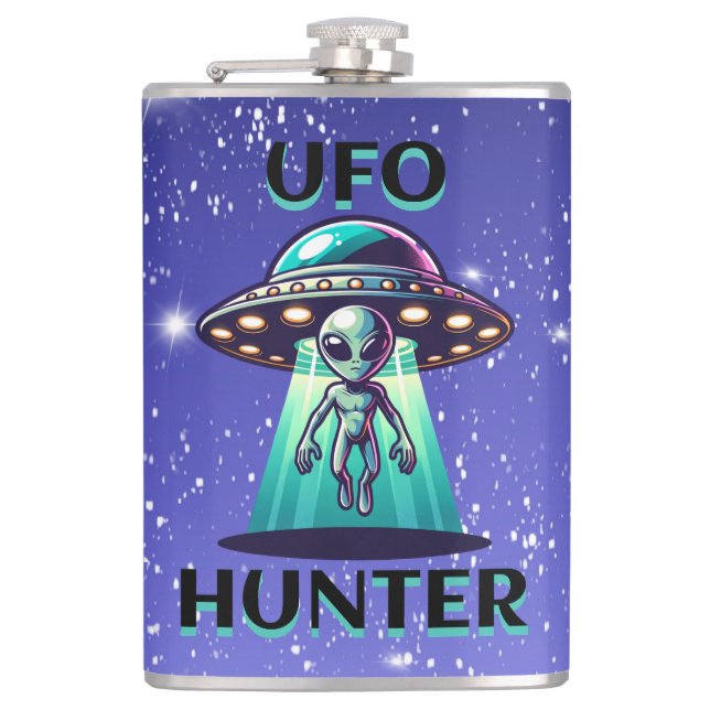  Ai Art with UFO Beaming up an Alien | UFO Hunter Hip Flask (Front)