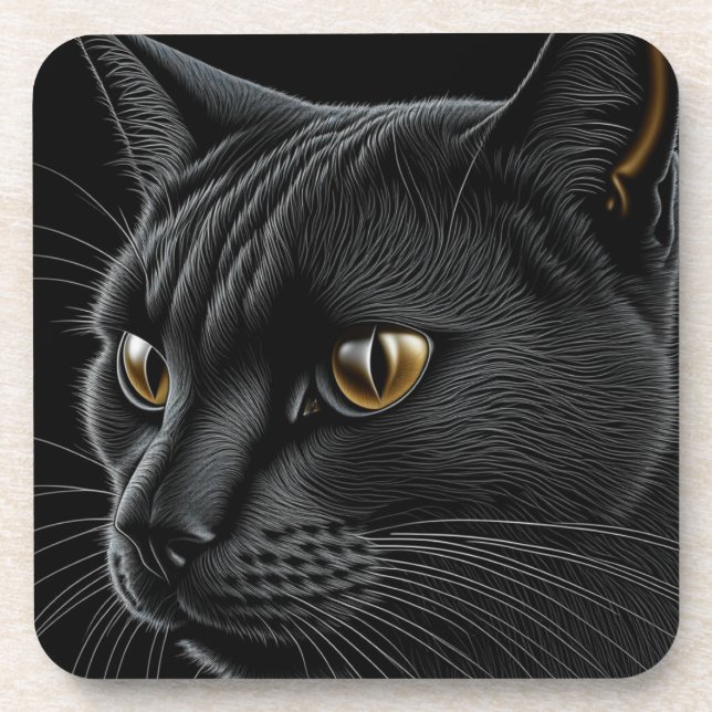 AI Black Cat with Yellow Eyes Coaster (Front)