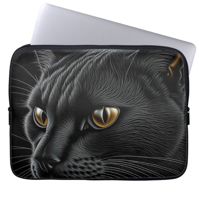 AI Black Cat with Yellow Eyes Laptop Sleeve (Front)