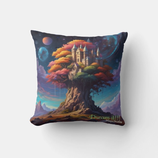 AI Dream Tree Castle Throw Pillow (Front)