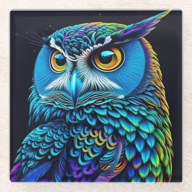Ai generated Colourful Owl  Glass Coaster (Front)