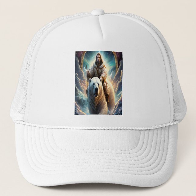 (AI Generated ) Jesus on a polar bear 5x7 Trucker Hat (Front)