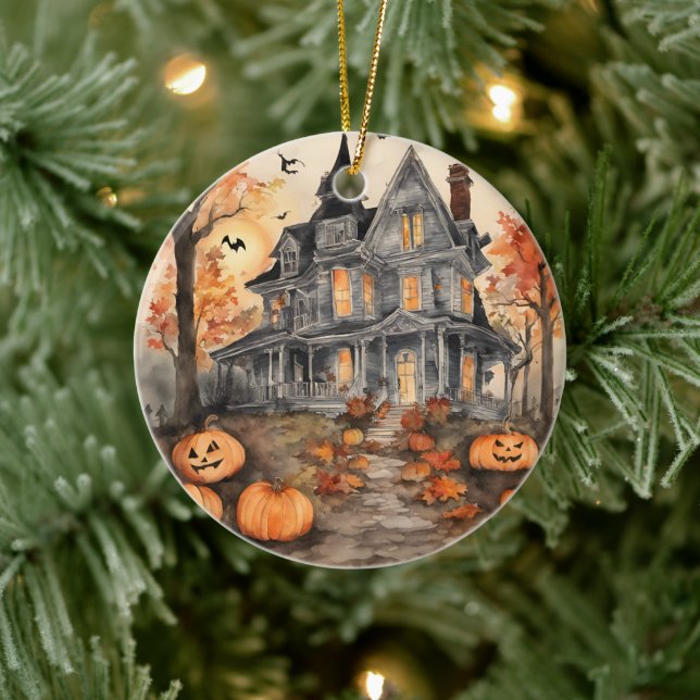 AI Generated Spooky Old House Halloween Ceramic Tree Decoration (Tree)