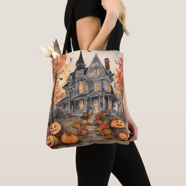 AI Generated Spooky Old House Halloween Tote Bag (Close Up)