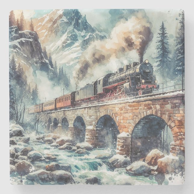 AI Generated Steam Engine Train Stone Coaster (Front)