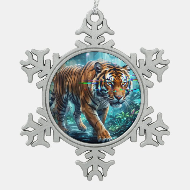 AI Generated Tiger Art  Snowflake Pewter Christmas Ornament (Front)