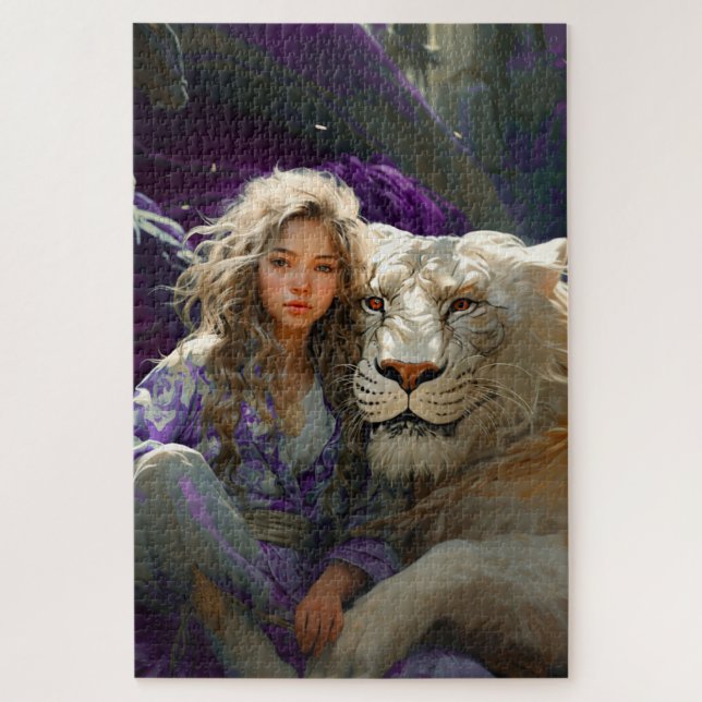 Ai Girl with Lion Jigsaw Puzzle (Vertical)