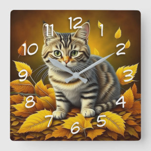 AI Grey Tabby Cat Square Wall Clock