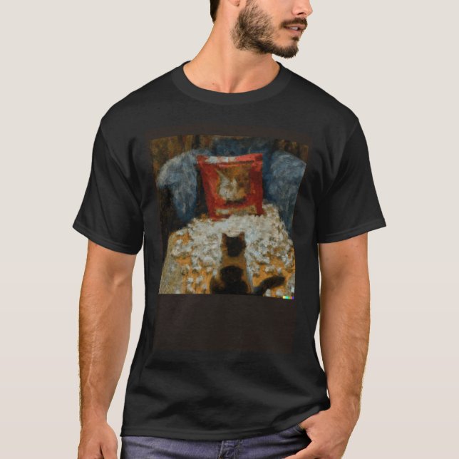 AI Impressionist  Cat Eating Popcorn T-Shirt (Front)
