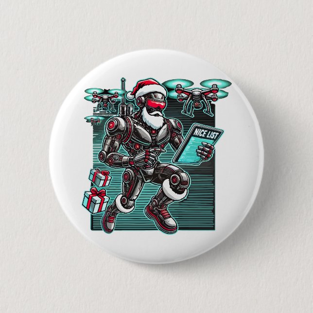 AI Powered Santa Robot with Drones and Christmas L 6 Cm Round Badge (Front)