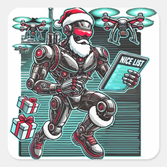AI Powered Santa Robot with Drones and Christmas L Square Sticker (Front)