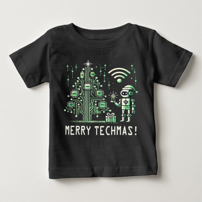 AI Robot with Tech Christmas Tree – Merry Techmas Baby T-Shirt (Front)