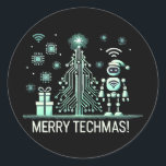 AI Robot with Tech Christmas Tree – Merry Techmas Classic Round Sticker<br><div class="desc">Celebrate the holidays with a tech twist! This design features an AI-powered robot standing next to a futuristic Christmas tree made of circuits and chips. Perfect for tech enthusiasts and those who love blending holiday spirit with cutting-edge technology.</div>